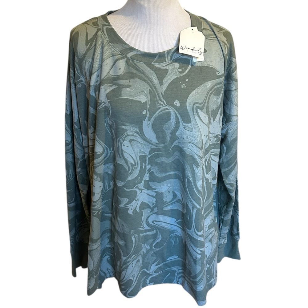 NWT Wonderly Studio  Women’s Sage Marble Side Slit Crew Shirt Top XXL